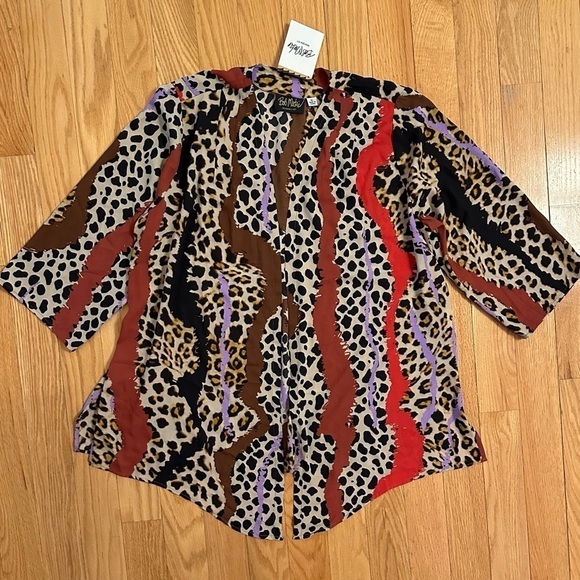 Bob Mackie Cheetah Stripe Woven Open Cardigan Camel/Spice Wearable Art Sz XL - Picture 3 of 9
